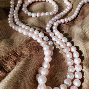 30" Pink pearls with matching stretch bracelet